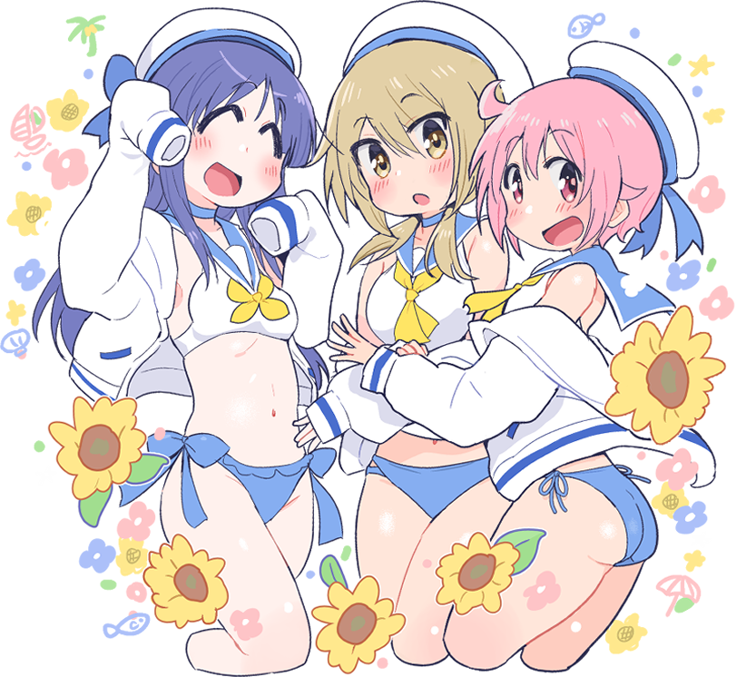 3girls :o ^_^ ascot ass bare_shoulders blonde_hair blue_choker blue_flower blue_hair blue_panties blue_ribbon blue_sailor_collar breasts choker closed_eyes crop_top cropped_legs flower hands_up hat hat_ribbon hinata_yukari ichii_yui jacket long_hair medium_breasts multiple_girls navel nonohara_yuzuko open_mouth panties pink_eyes pink_flower pink_hair ribbon sailor_collar sailor_hat sailor_jacket sailor_shirt shirt short_hair short_twintails simple_background sleeves_past_fingers sleeves_past_wrists small_breasts smile star_(symbol) sunflower tatsunokosso thighs twintails underwear white_background white_jacket white_shirt yellow_ascot yellow_eyes yellow_flower yuyushiki