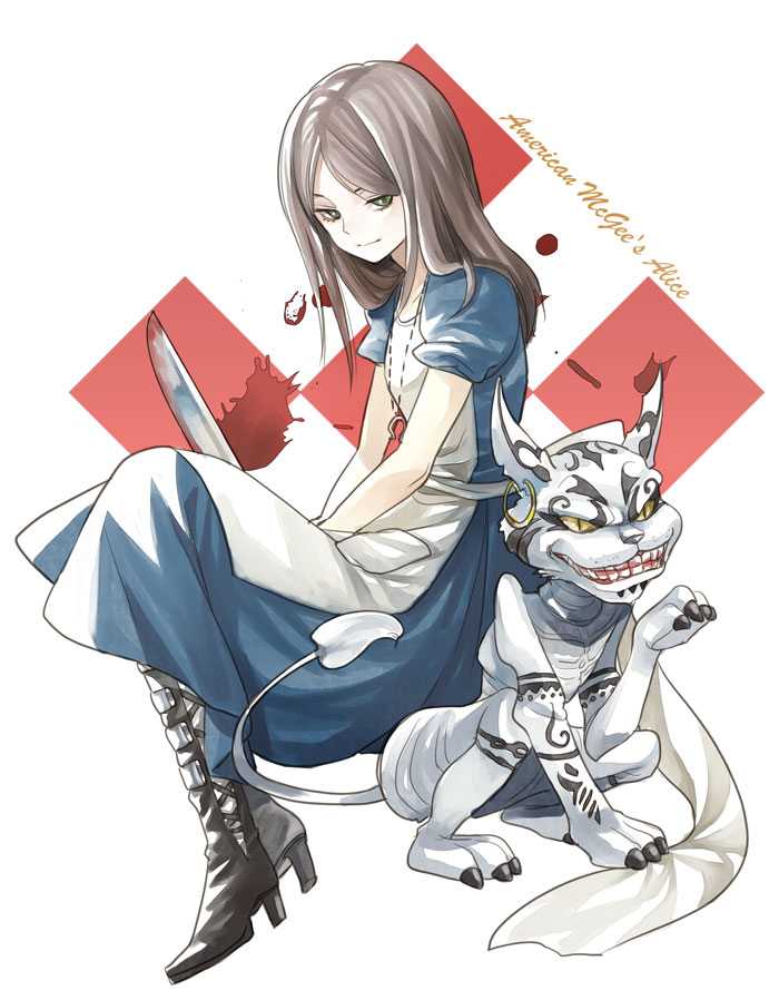 1girl alice:_madness_returns alice_(alice_in_wonderland) alice&#039;s_adventures_in_wonderland alice_liddell_(american_mcgee&#039;s_alice) american_mcgee&#039;s_alice apron bad_id bad_pixiv_id boots brown_hair cat cheshire_cat_(alice_in_wonderland) dress earrings green_eyes jewelry knife kuro_ya long_hair necklace tokitou_fuji weapon