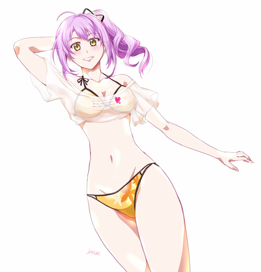 1girl ahoge arm_behind_head bikini breasts grin kugayama_rion long_hair looking_at_viewer navel pink_hair ponytail sidelocks simple_background small_breasts smile solo swimsuit tokyo_xanadu upper_body wavy_hair white_background xiacheng_tatsuya yellow_eyes