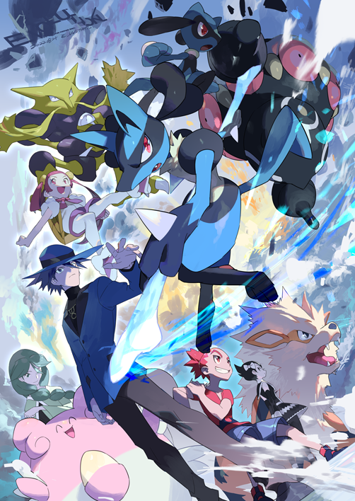 2boys 3girls :d alakazam arcanine artist_name black_dress black_hair bow braid braided_ponytail buck_(pokemon) chansey cheryl_(pokemon) claydol closed_mouth dress e_volution egg gen_1_pokemon gen_3_pokemon gen_4_pokemon green_hair grin hair_bow long_hair lucario marley_(pokemon) mira_(pokemon) multiple_boys multiple_girls nintendo open_mouth pantyhose pink_hair pokemon pokemon_(creature) pokemon_dppt purple_shorts red_eyes red_hair red_shirt riley_(pokemon) riolu shirt short_hair short_sleeves shorts smile teeth v-neck white_bow white_pantyhose