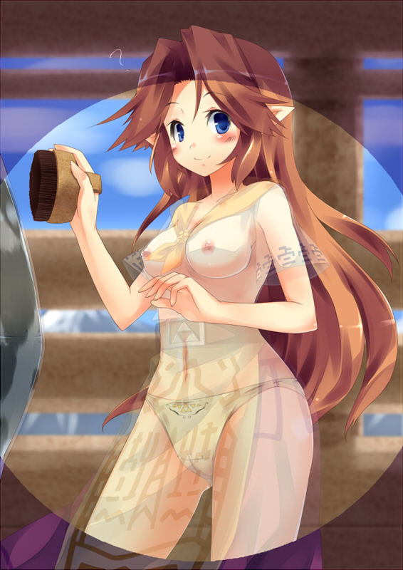1girl ? blue_eyes blush breasts brown_hair brush chikyuujin_a clueless cow cremia female_focus long_hair looking_at_viewer medium_breasts nintendo nipples no_bra panties pointy_ears print_panties skirt smile solo the_legend_of_zelda the_legend_of_zelda:_majora&#039;s_mask triforce underwear when_you_see_it white_panties x-ray_vision