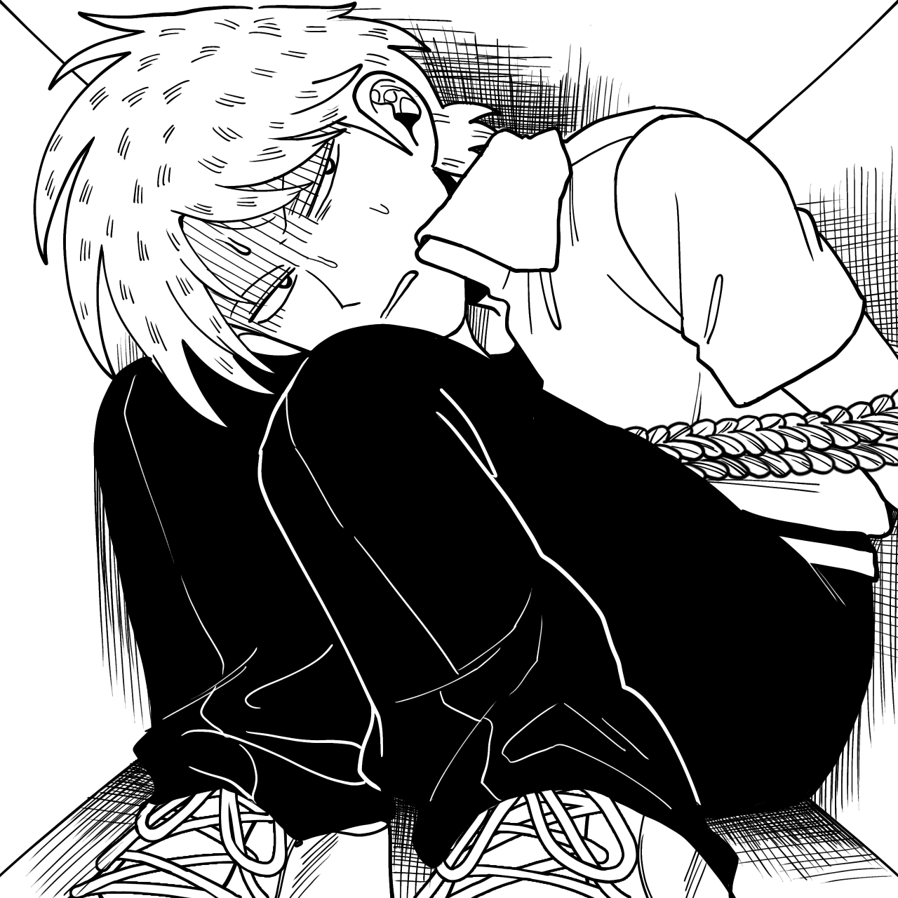 1boy akagi:_yami_ni_oritatta_tensai akagi_shigeru bound bound_arms collared_shirt commentary_request fukumoto_mahjong full_body greyscale highres male_focus monochrome niwatori_panda open_mouth pants shirt shoes short_hair solo stuck_in_a_box