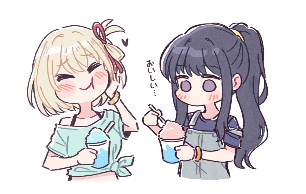 2girls akamirai apron aqua_shirt black_hair blonde_hair blue_shirt closed_eyes food grey_apron hair_ribbon holding holding_food holding_spoon inoue_takina long_hair lycoris_recoil multiple_girls nishikigi_chisato ponytail purple_eyes red_ribbon ribbon shaved_ice shirt short_hair spoon