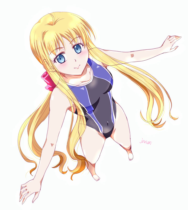 1girl ahoge artist_name blonde_hair blue_eyes bow breasts competition_swimsuit covered_navel eiyuu_densetsu floating_hair full_body hair_bow long_hair long_sidelocks looking_at_viewer one-piece_swimsuit sidelocks simple_background small_breasts smile solo sora_no_kiseki swimsuit tita_russell two-tone_swimsuit white_background xiacheng_tatsuya
