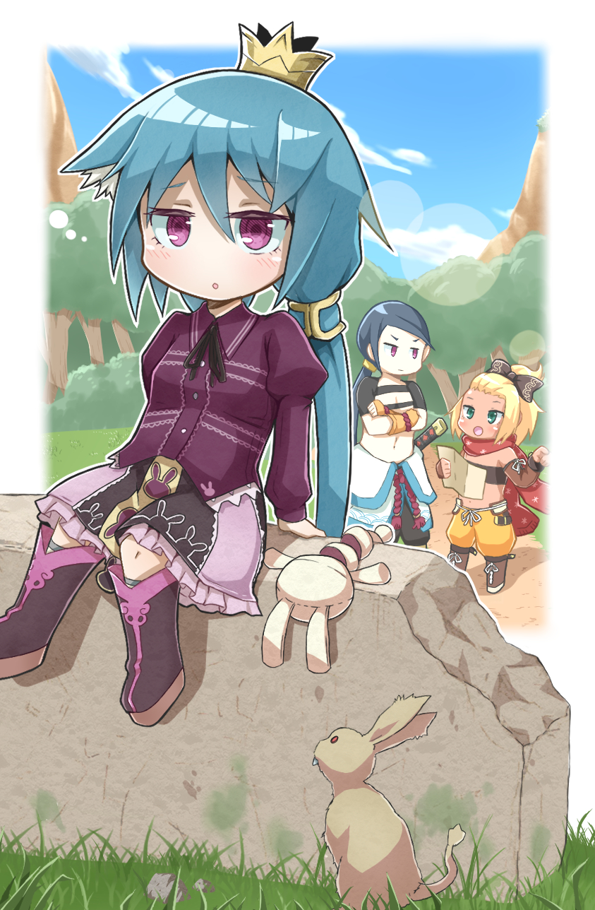 1boy 2girls 7th_dragon 7th_dragon_(series) :o animal_ears armor blonde_hair blue_hair blush boots breasts chibi crown dress ears_down green_eyes green_hair hair_between_eyes hatch_(7th_dragon) highres holding holding_map map medium_dress mini_crown momomeno_(7th_dragon) multiple_girls on_rock pauldrons pointing princess_(7th_dragon) purple_eyes rabbit rock rogue_(7th_dragon) samurai_(7th_dragon) shishimaru_(7th_dragon) shoulder_armor sitting small_breasts stuffed_animal stuffed_toy teddyfredy26