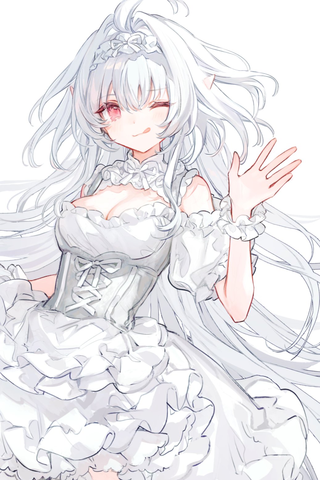 1girl ahoge bare_shoulders blush breasts chocoan cleavage cleavage_cutout clothing_cutout corset dirndl dress fate/grand_order fate_(series) frilled_hairband frills german_clothes hairband highres lady_avalon_(event_portrait)_(fate) lady_avalon_(fate) licking_lips long_hair looking_at_viewer medium_breasts merlin_(fate/prototype) one_eye_closed pointy_ears red_eyes scrunchie smile solo tongue tongue_out very_long_hair white_dress white_hair wrist_scrunchie