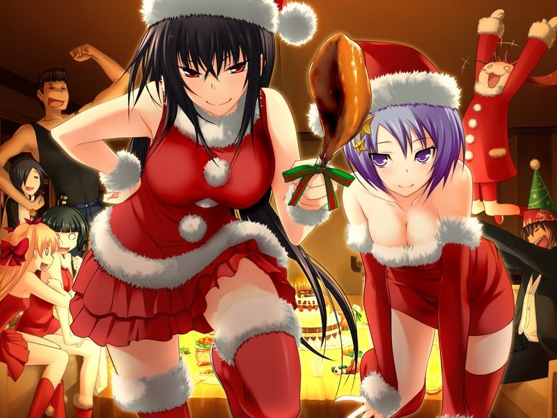 3boys 5girls arm_up arms_up bare_arms black_hair blank_eyes blonde_hair boots bow breasts brown_hair cake christiane_friedrich christmas cleavage closed_mouth detached_sleeves dress floating_hair food fur-trimmed_boots fur-trimmed_dress fur-trimmed_headwear fur-trimmed_sleeves fur_trim game_cg gloves hair_between_eyes hair_bow hand_on_own_hip hat holding holding_food indoors kawagishi_keitarou kawakami_kazuko kawakami_momoyo layered_skirt leaning_forward long_hair long_sleeves maji_de_watashi_ni_koi_shinasai! mayuzumi_yukie medium_breasts miniskirt morooka_takuya multiple_boys multiple_girls naoe_yamato party purple_eyes purple_hair red_bow red_dress red_eyes red_footwear red_headwear red_shirt red_skirt red_sleeves red_socks red_thighhighs santa_costume santa_hat shiina_miyako shirt short_dress short_hair skirt sleeveless sleeveless_shirt smile socks strapless strapless_dress tadakatsu_minamoto thigh_boots thighhighs tube_dress very_long_hair white_gloves wrist_cuffs zettai_ryouiki