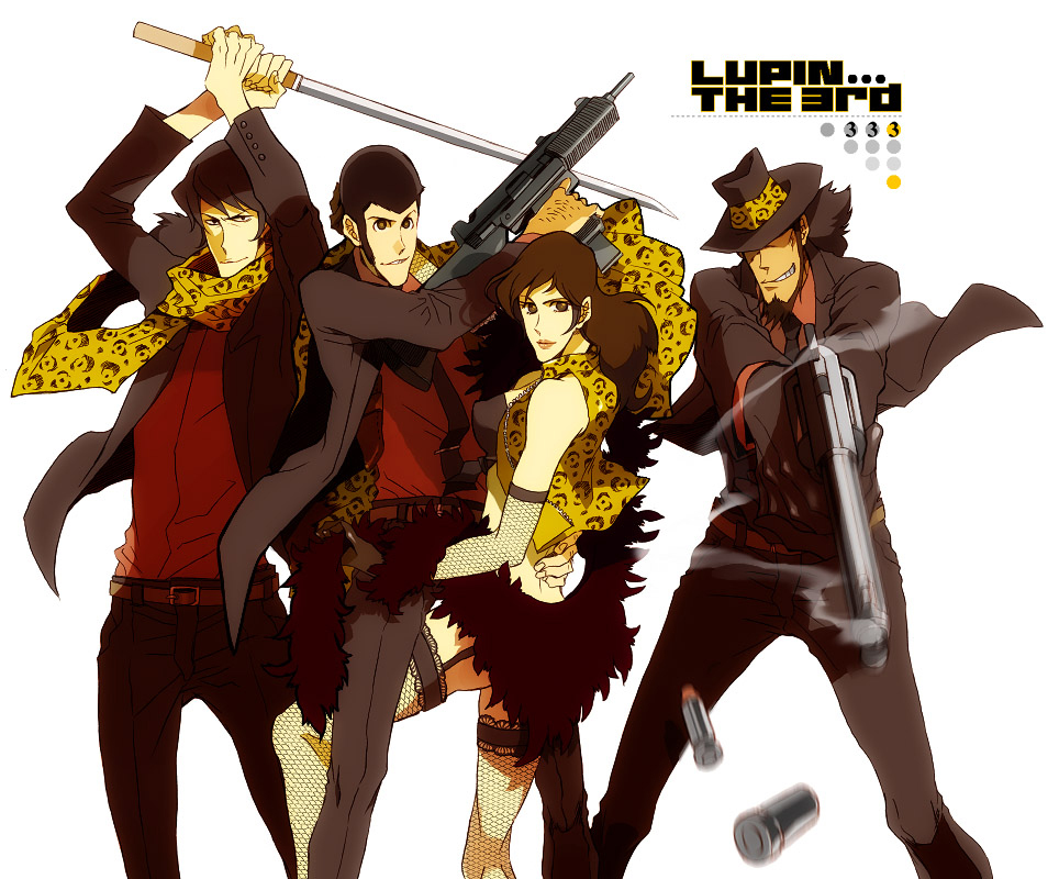 1girl 3boys arsene_lupin_iii bad_id bad_pixiv_id beard bullet buttoned_cuffs buttons facial_hair faddawdle fedora fishnets gun handgun hat ishikawa_goemon_xiii jigen_daisuke lupin_iii machine_pistol mine_fujiko multiple_boys revolver scarf shell_casing smoke smoking_barrel submachine_gun sword thighhighs tms_entertainment uzi weapon