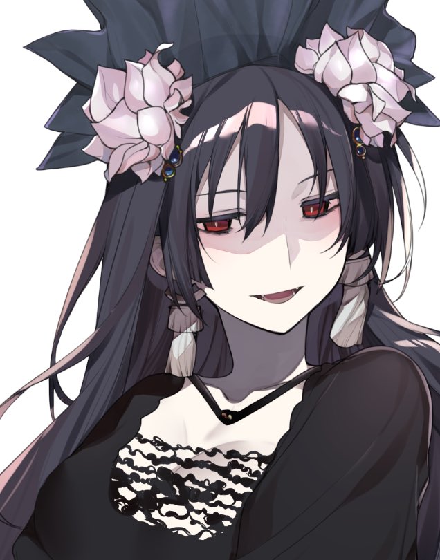 1girl black_hair colored_eyelashes earrings fangs flower hair_flower hair_ornament jewelry looking_at_viewer miracle_tou pale_skin rance_(series) red_eyes shaded_face shikosour simple_background solo white_background