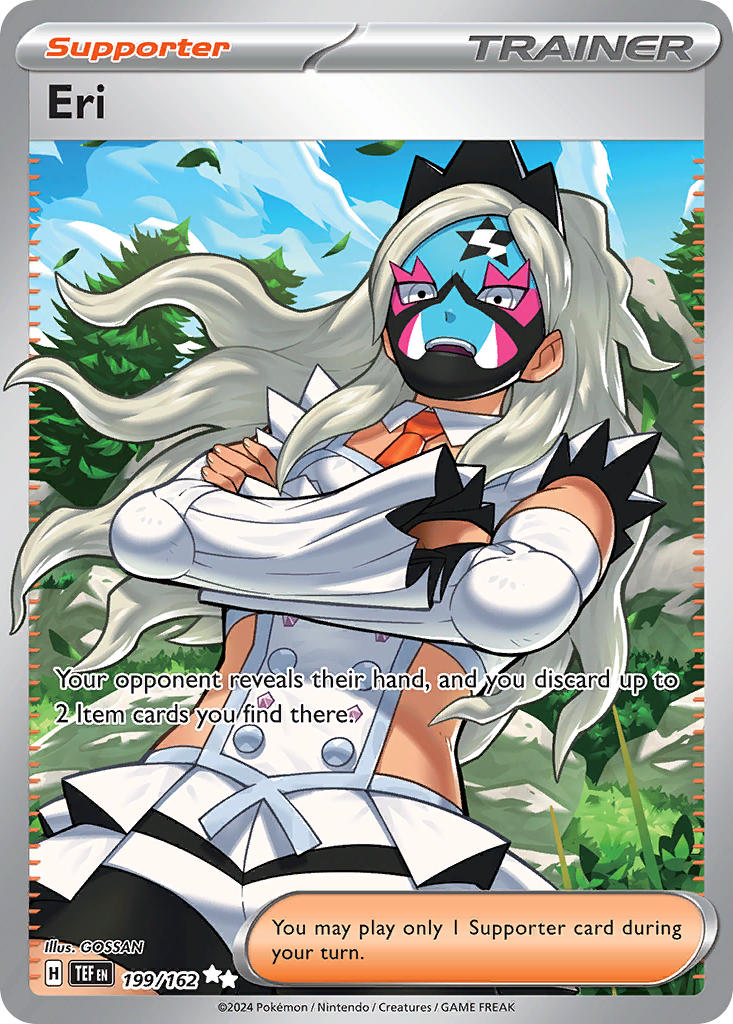 1girl artist_name blue_sky card_(medium) character_name cloud company_name copyright_name copyright_notice crossed_arms detached_sleeves english_text eri_(pokemon) facepaint gossan hip_vent leaf long_hair nintendo official_art open_mouth outdoors pokemon pokemon_card pokemon_sv pokemon_tcg sky solo team_star teeth third-party_source toned toned_female trading_card tree upper_teeth_only white_eyes white_hair