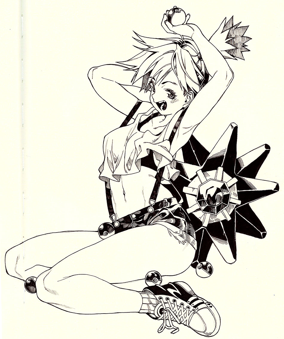 1girl bare_legs black_bra bra crop_top greyscale holding holding_poke_ball midriff misty_(pokemon) monochrome navel nintendo open_mouth poch4n poke_ball poke_ball_(basic) pokemon pokemon_(anime) pokemon_(classic_anime) pokemon_(creature) shoes short_hair shorts side_ponytail solo suspenders tank_top traditional_media underwear