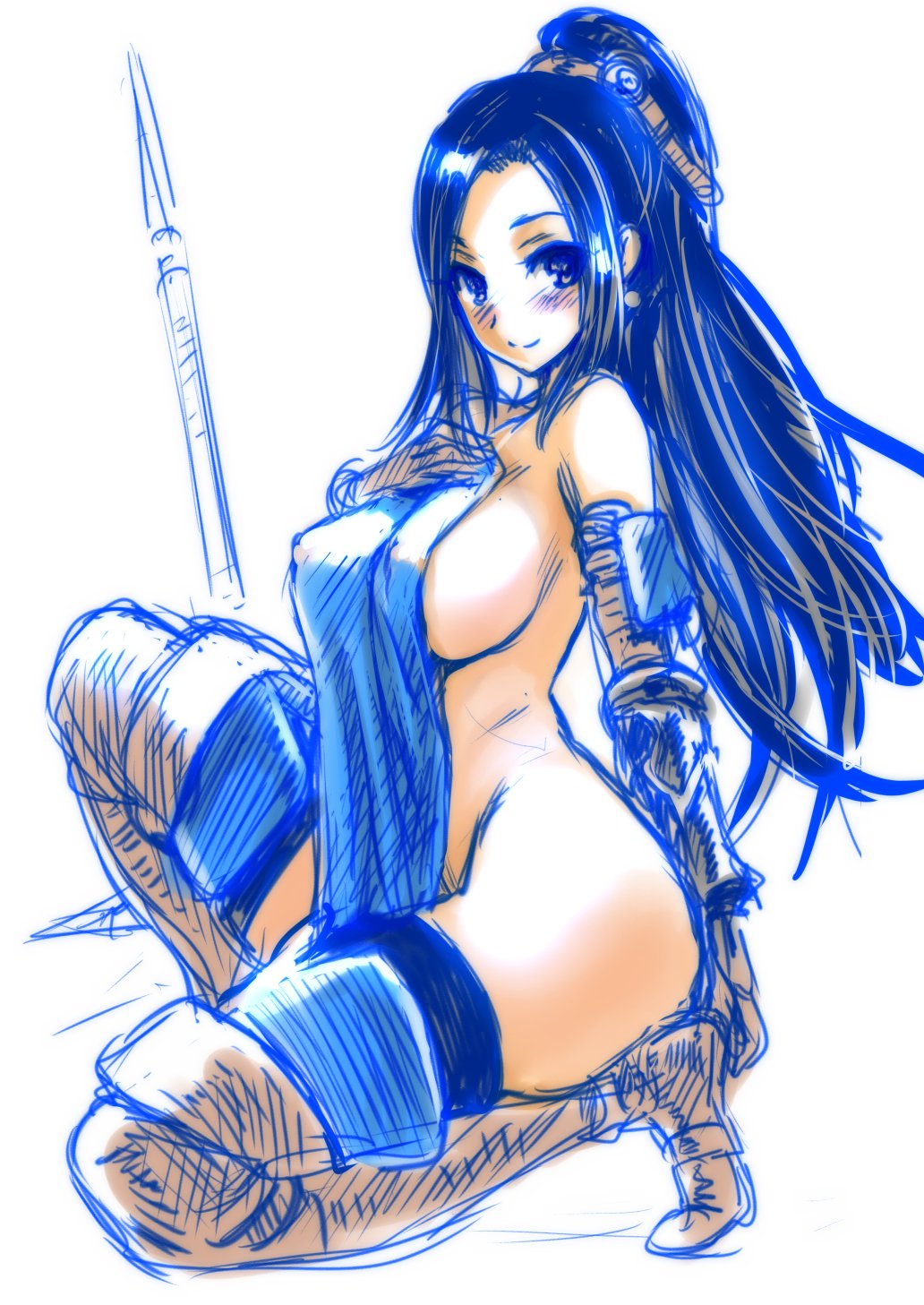 1girl black_hair blush boots breasts covered_erect_nipples covering_privates detached_sleeves female_focus full_body gauntlets highres large_breasts long_hair looking_at_viewer mitarashi_kousei nearly_naked_towel on_one_knee ponytail radiant_historia raynie sideboob simple_background sketch smile solo thigh_boots thighhighs towel white_background