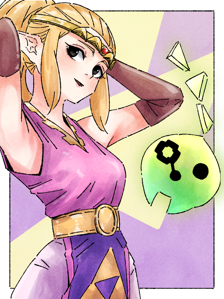 1girl armpits black_eyes blonde_hair border breasts brown_sleeves circlet commentary_request detached_sleeves high_ponytail medium_breasts nintendo open_mouth outside_border pointy_ears ponytail presenting_armpit princess_zelda purple_background sidelocks solo standing the_legend_of_zelda the_legend_of_zelda:_echoes_of_wisdom tri_(zelda) two-tone_background uzumi1201 white_border yellow_background