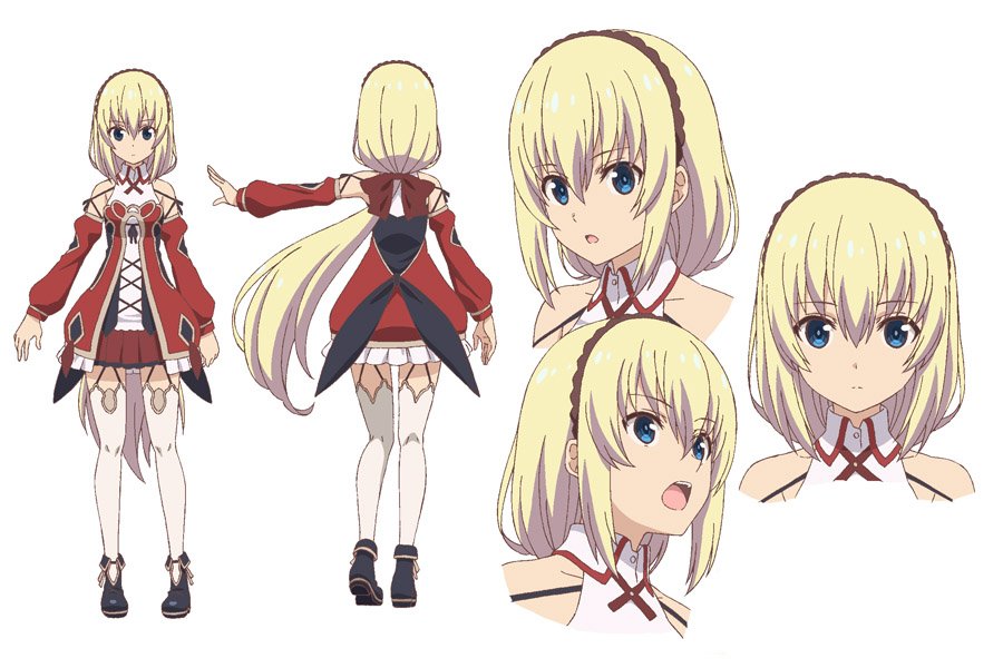 1girl black_footwear blonde_hair blue_eyes reference_sheet detached_sleeves grimms_notes grimms_notes_the_animation kawashima_hisashi multiple_views official_art open_mouth outstretched_arm reina_(grimms_notes) serious simple_background white_background