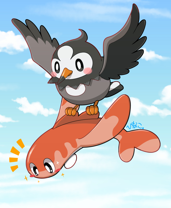 animal_focus bird black_eyes blush blush_stickers bright_pupils carrying fish flying gen_4_pokemon hinako_iroiro nintendo no_humans pokemon pokemon_(creature) sky starly tatsugiri tatsugiri_(curly) white_pupils wings