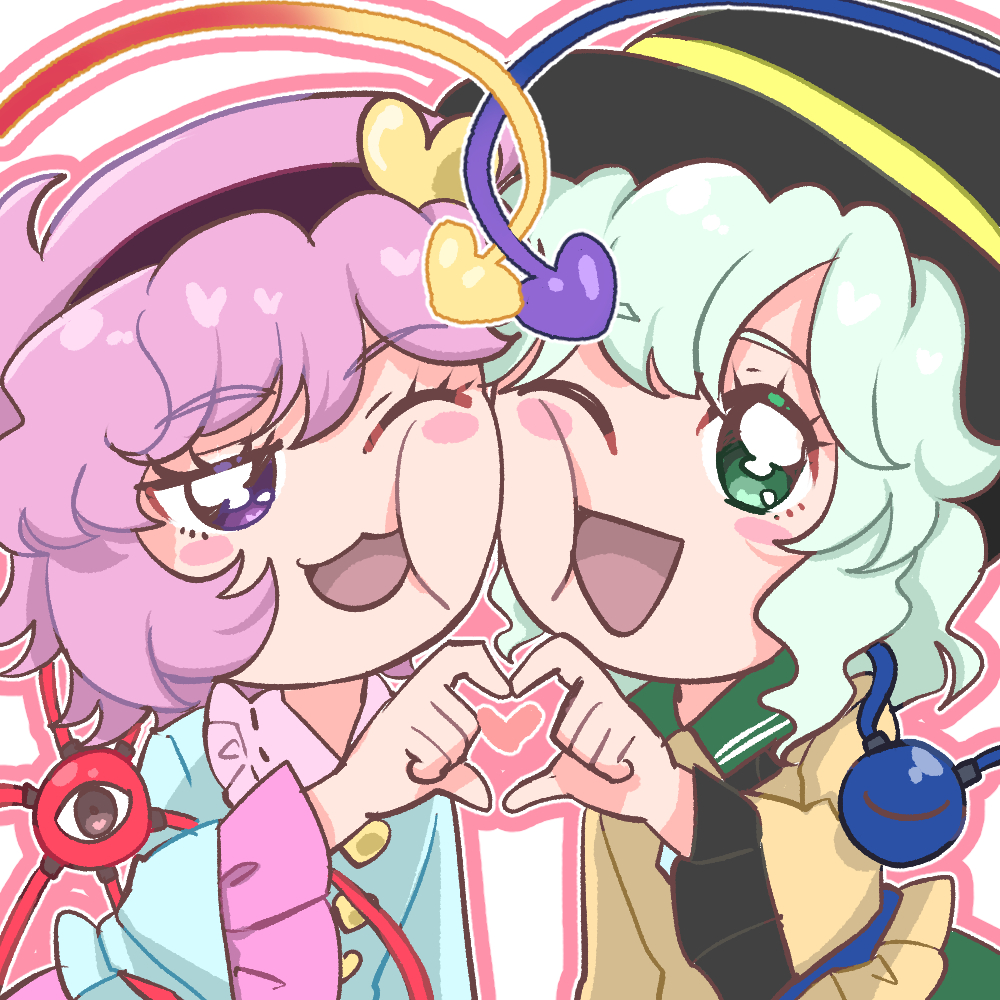 2girls :3 :d blue_shirt blush_stickers cheek-to-cheek cheek_squash commentary_request eyeball eyelashes green_eyes green_hair heads_together heart heart_hands heart_hands_duo kanonari komeiji_koishi komeiji_satori looking_at_viewer medium_hair multiple_girls open_mouth outline pink_hair pink_outline purple_hair shirt short_hair siblings sisters smile third_eye touhou upper_body wavy_hair yellow_shirt