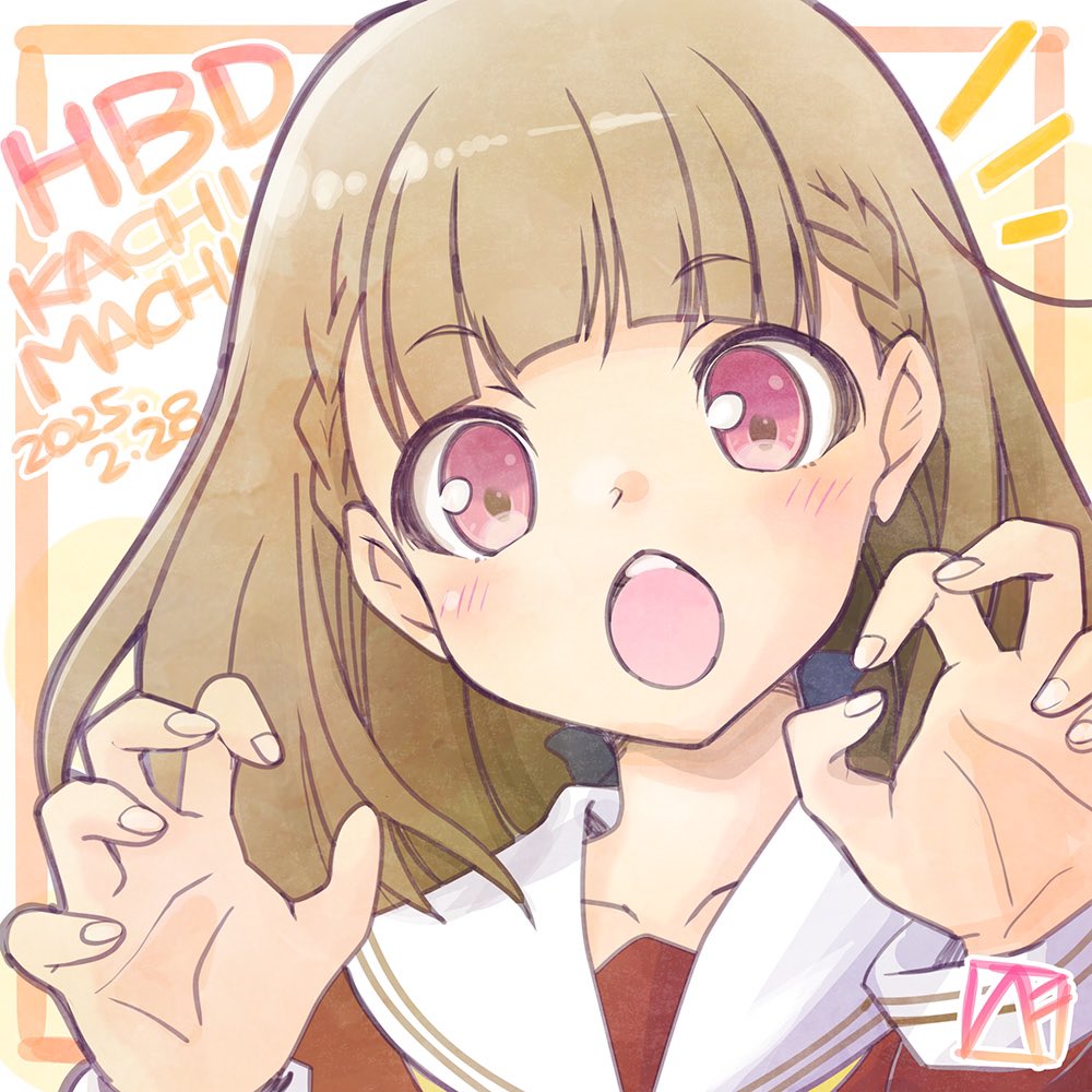 1girl :o bekkankou black_bow blush bow braid brown_dress brown_hair center-flap_bangs character_name claw_pose commentary dated dress hair_bow happy_birthday hasu_no_sora_school_uniform kachimachi_kosuzu link!_like!_love_live! long_hair long_sleeves looking_at_viewer love_live! neckerchief open_mouth pink_eyes sailor_collar sailor_dress school_uniform side_ahoge side_braids signature solo straight_hair virtual_youtuber white_sailor_collar winter_uniform yellow_background yellow_neckerchief