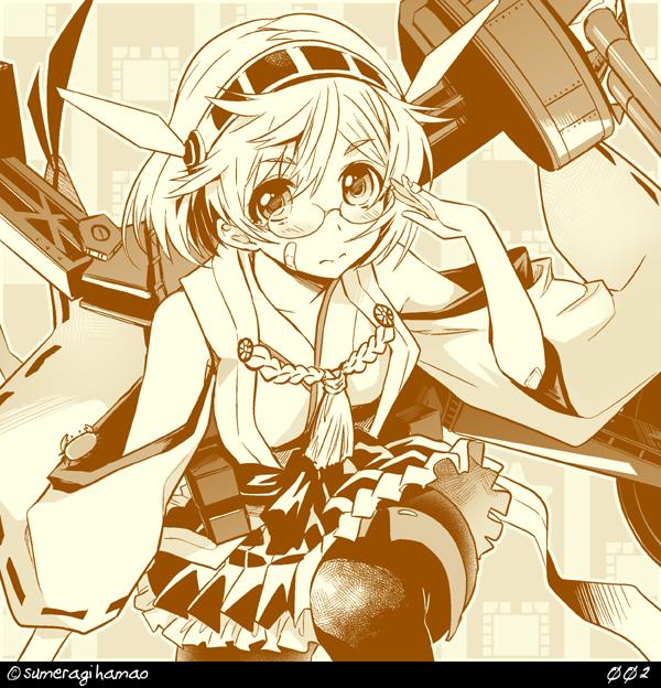 1girl alternate_costume bare_shoulders cannon commentary_request cosplay crab detached_sleeves female_focus glasses headgear japanese_clothes kantai_collection kirishima_(kancolle) kirishima_(kancolle)_(cosplay) looking_at_viewer machinery monochrome nontraditional_miko numbered oboro_(kancolle) pleated_skirt ship_turret short_hair skirt solo sumeragi_hamao twitter_username yellow_theme