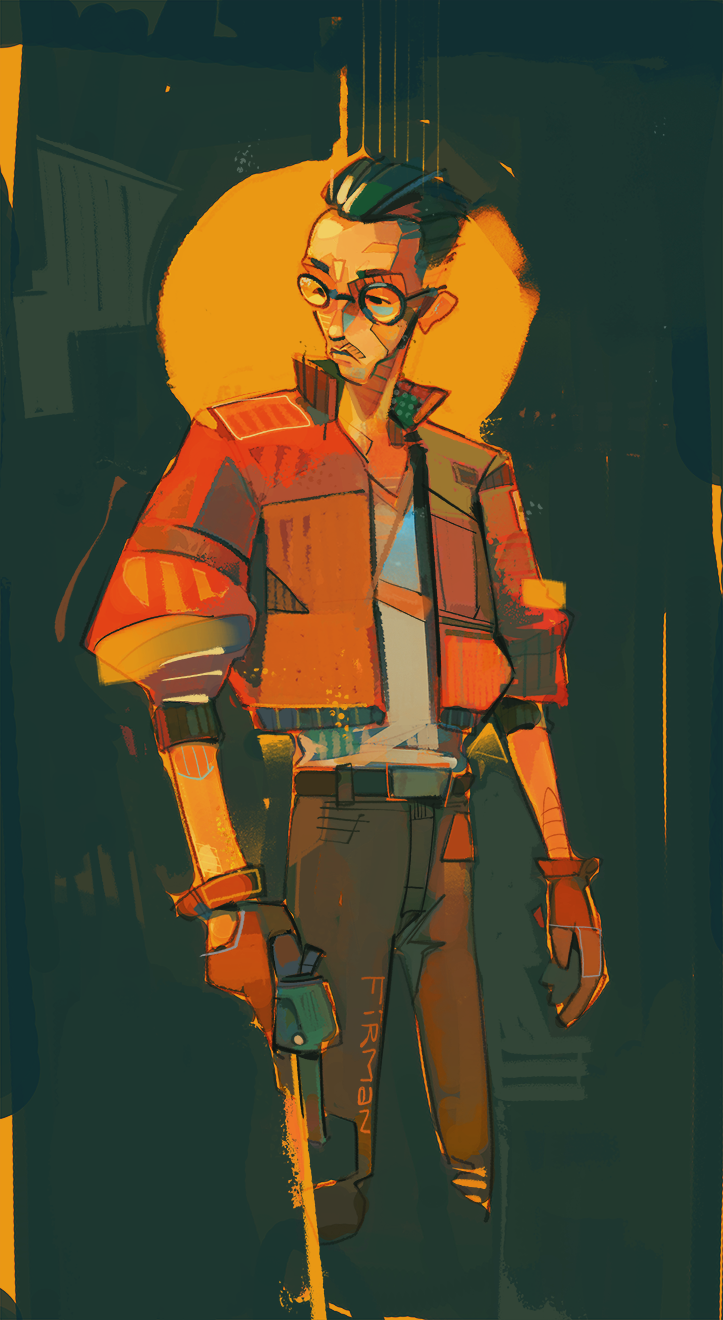1boy artist_name asian belt black_belt black_hair bomber_jacket brown_panties disco_elysium frown glasses gloves gun hair_slicked_back highres holding holding_gun holding_weapon jacket kim_kitsuragi looking_to_the_side male_focus michaelfirman orange_jacket panties pants round_eyewear shirt short_hair solo underwear weapon white_shirt