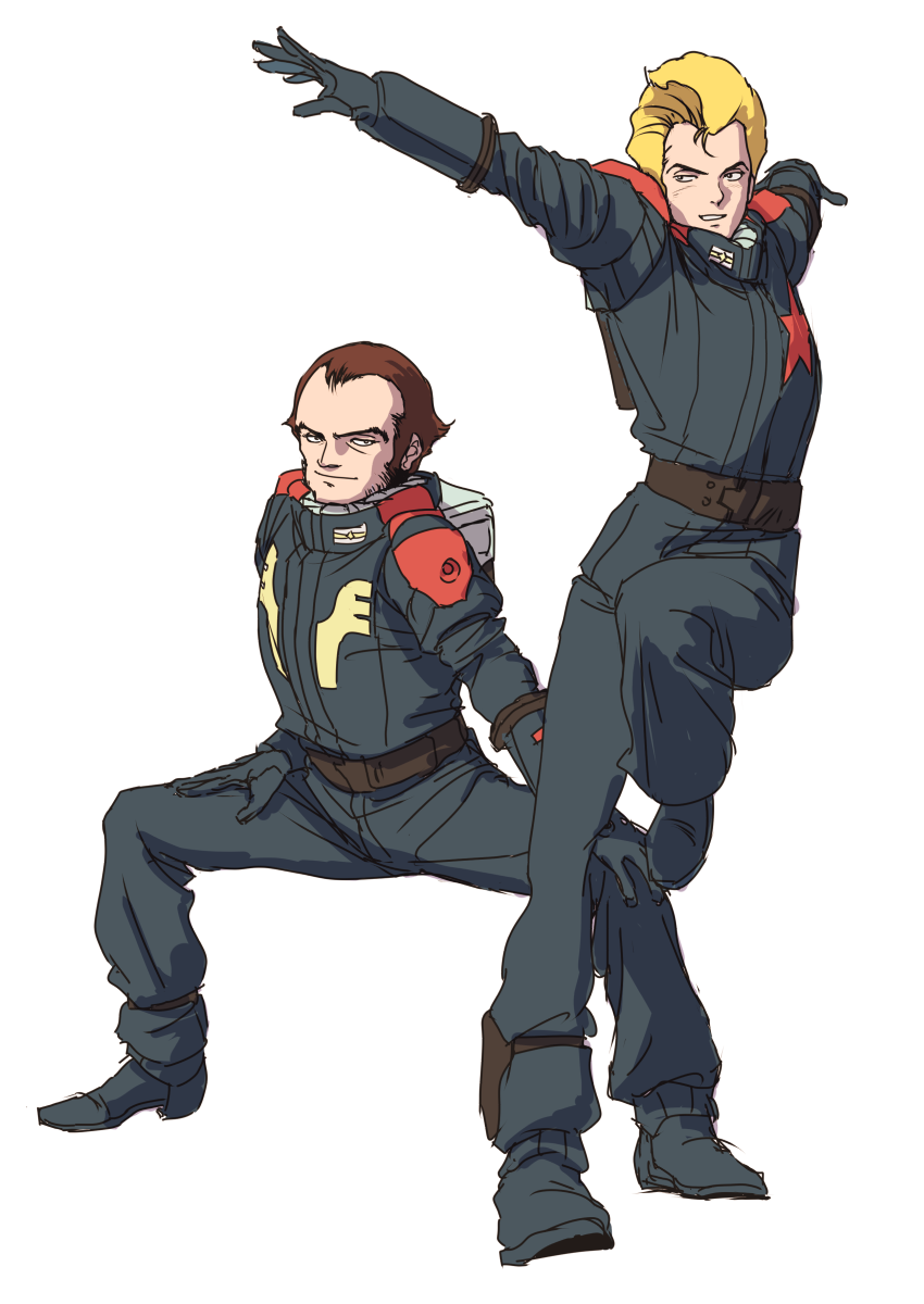 2boys blonde_hair brown_hair gundam highres jerid_messa kacricon_cacooler multiple_boys pilot_suit teikoku_jokyoku zeta_gundam