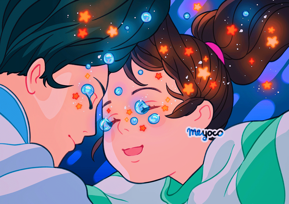1boy 1girl artist_name bad_id bad_twitter_id brown_hair closed_eyes colored_tears derivative_work floating_tears glowing glowing_tears haku_(sen_to_chihiro_no_kamikakushi) long_hair meyoco ogino_chihiro open_mouth ponytail portrait profile screenshot_redraw sen_to_chihiro_no_kamikakushi shirt smile star_(symbol) star_tears striped_clothes striped_shirt tears