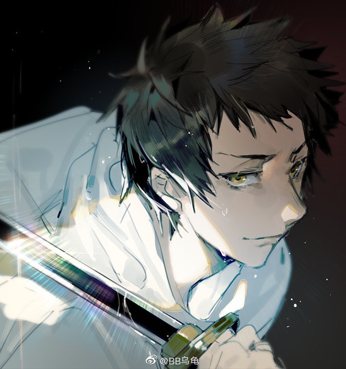 1boy artist_name black_background black_hair bokyo closed_mouth glint holding holding_sword holding_weapon hood katana katekyo_hitman_reborn! knife looking_at_viewer male_focus portrait rain short_hair simple_background smile solo sword upper_body watermark weapon weibo_watermark yamamoto_takeshi yellow_eyes