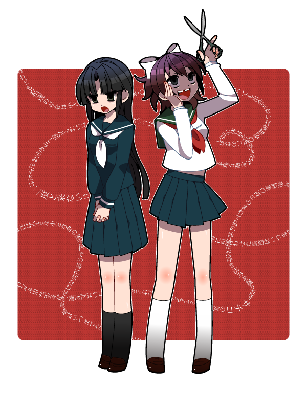 2girls akaboshi_kokuhaku bad_id bad_pixiv_id blush body_blush bow corpse_party crazy empty_eyes hair_bow kirisaki_touko missing_tooth multiple_girls osomatsu osomatsu_(nanameno) ponytail school_uniform scissors serafuku