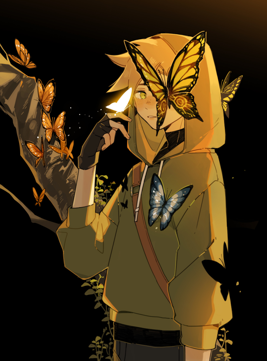 1boy animification arm_up bishounen black_background black_gloves black_shirt blonde_hair blush branch bug butterfly commentary cowboy_shot drawstring dream_(youtuber) english_commentary fingerless_gloves gloves green_eyes green_hoodie grey_pants highres hood hood_up hoodie insect long_sleeves looking_at_viewer luminous_slime male_focus minecraft_youtube pants pocket shirt short_hair shoulder_belt simple_background solo standing turtleneck