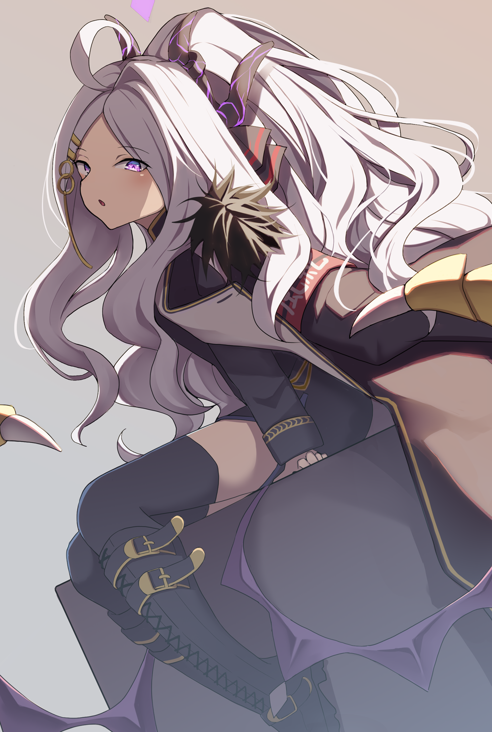 1girl :o =_hair_ornament ahoge armband black_boots black_jacket black_thighhighs blue_archive boots coat coat_on_shoulders commentary_request creek_(moon-sky) demon_girl demon_horns demon_wings dutch_angle floating_hair full_body fur-trimmed_coat fur_trim grey_background hair_intakes hair_ornament hairclip highres hina_(blue_archive) horns jacket lace-up_boots light_blush long_hair long_sleeves looking_at_viewer low_wings open_mouth parted_bangs purple_eyes red_armband simple_background sitting solo thighhighs very_long_hair white_hair wings