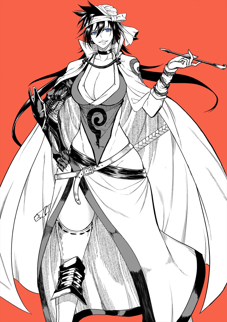 1girl black_hair bleach blue_eyes breasts cape cleavage highres kawabata_yoshihiro large_breasts long_hair prosthesis prosthetic_arm shiba_kuukaku solo