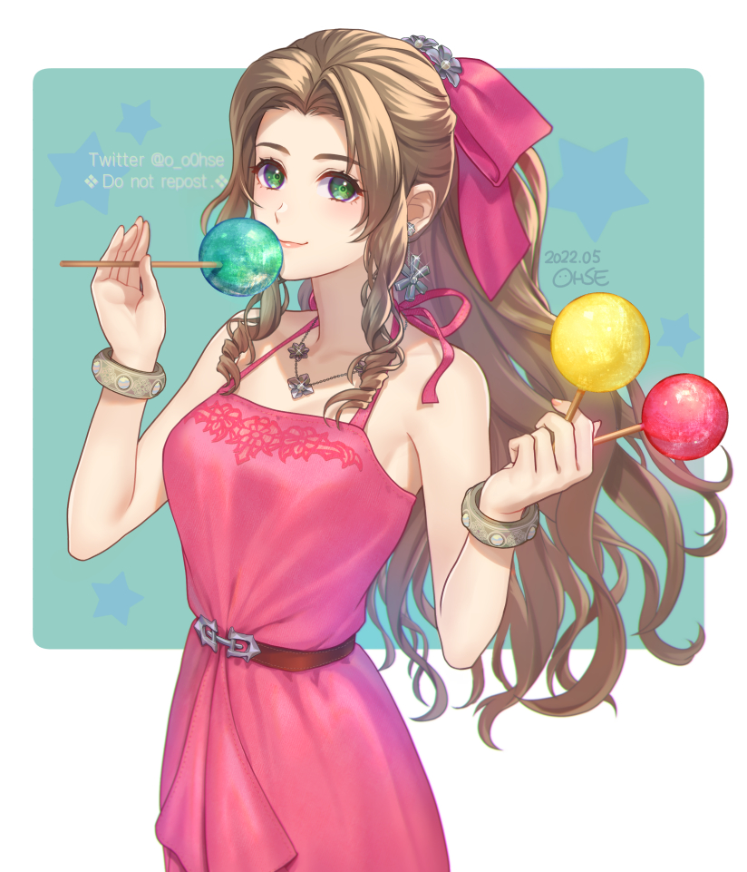 1girl aerith_gainsborough aerith_gainsborough_(ruddy_pink_dress) bare_shoulders belt bow bracelet breasts brown_hair dress earrings final_fantasy final_fantasy_vii final_fantasy_vii_remake green_eyes hair_bow hair_ornament jewelry medium_breasts necklace official_alternate_costume ohse parted_bangs pink_dress ponytail sidelocks signature sleeveless sleeveless_dress solo square_enix star_(symbol) twitter_username wall_market wavy_hair