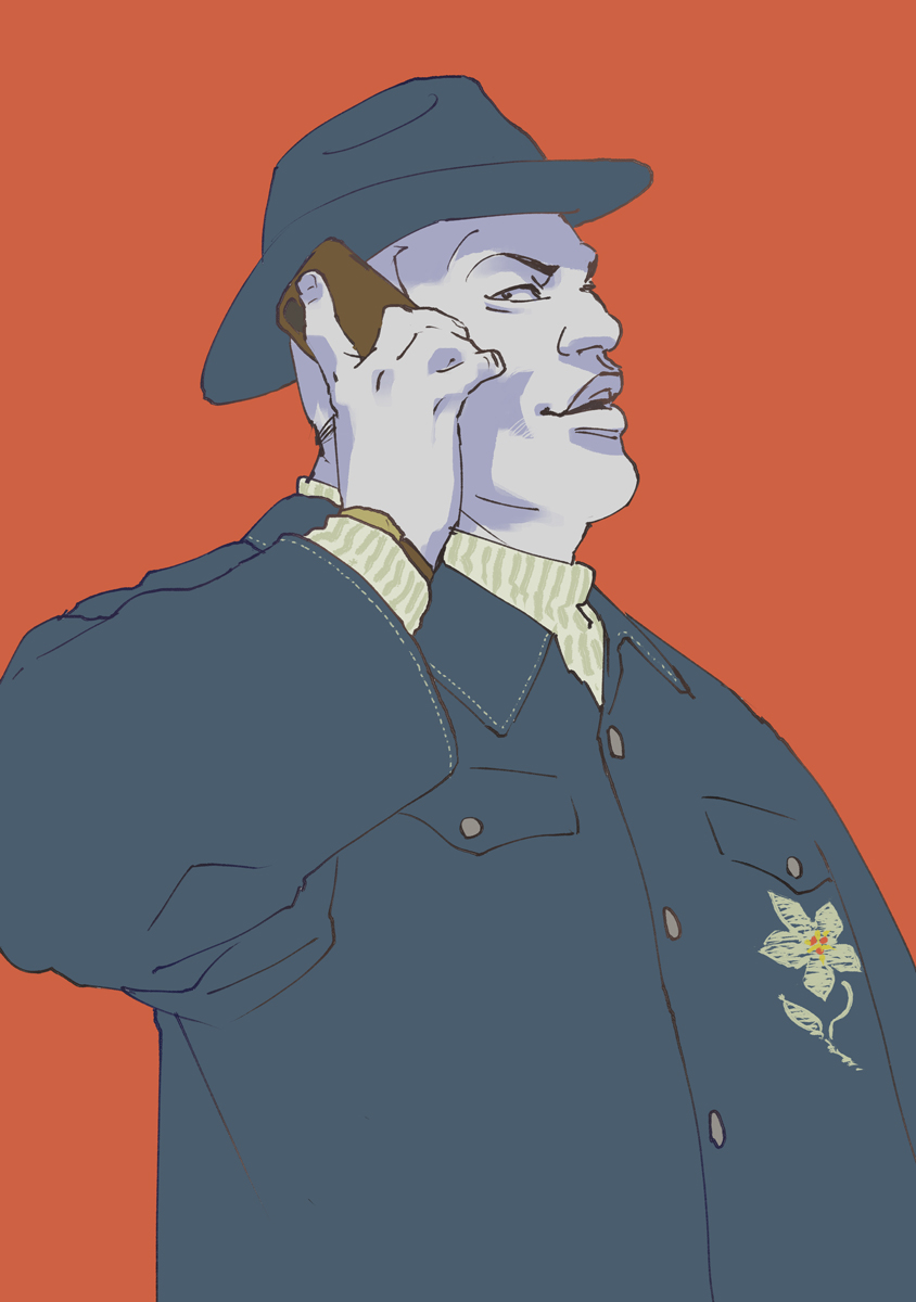 1boy alternate_costume bleach bleach:_sennen_kessen-hen buttons collared_shirt fedora floral_print hat highres kubo_tite male_focus oomaeda_marechiyo phone shirt sweater talking_on_phone