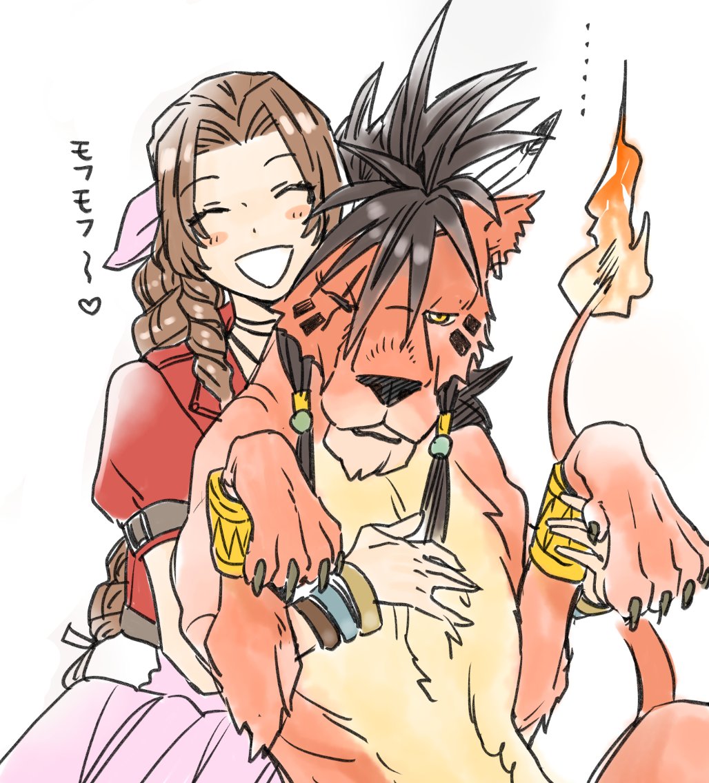 ... 1boy 1girl aerith_gainsborough blush bracelet braid braided_ponytail brown_hair closed_eyes commentary_request dress drill_hair drill_sidelocks facing_viewer final_fantasy final_fantasy_vii final_fantasy_vii_remake flame-tipped_tail hair_ribbon heart hug hug_from_behind jacket jewelry long_hair looking_at_viewer open_mouth orange_fur parted_lips pink_dress pink_ribbon red_jacket red_xiii ribbon scar scar_across_eye scar_on_face short_sleeves shouyu_(soysoy) sidelocks simple_background smile translation_request upper_body white_background