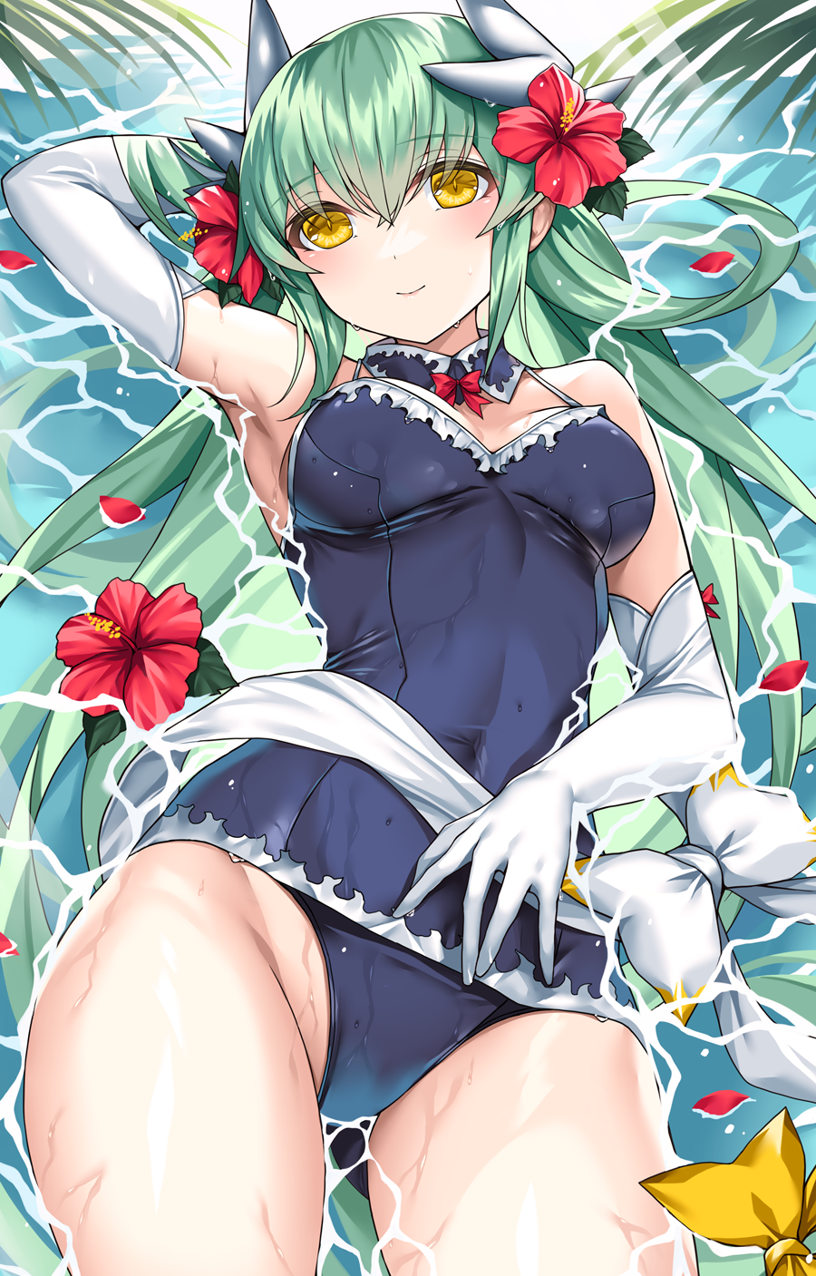 arm_up armpits bare_shoulders blush breasts closed_mouth commentary_request dragon_girl dragon_horns elbow_gloves fate/grand_order fate_(series) flower gloves green_hair hair_flower hair_ornament highres horns kiyohime_(fate) large_breasts long_hair looking_at_viewer lying morizono_shiki on_back partially_submerged smile solo thighs water wet white_gloves yellow_eyes