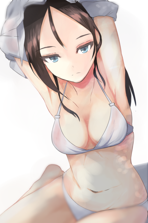 1girl armpits arms_up barefoot black_hair blue_eyes blurry bra breasts cleavage closed_mouth clothes_lift commentary frown girls_und_panzer grey_bra grey_panties grey_shirt half-closed_eyes halterneck long_hair looking_at_viewer medium_breasts navel nonna_(girls_und_panzer) panties shadow shirt shirt_lift simple_background sitting skindentation solo swept_bangs tsuru_(tsubasa1993621) underwear underwear_only undressing white_background