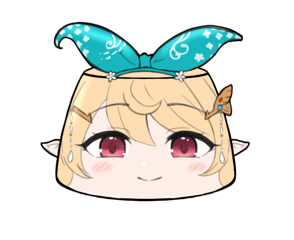 1girl :&gt; blonde_hair blue_bow blue_hairband blush bow closed_mouth food foodification hair_bow hair_ornament hairband hairclip looking_at_viewer nijisanji nijisanji_en pointy_ears pomu_rainpuff psycho_orb pudding red_eyes simple_background smile solo transparent_background virtual_youtuber