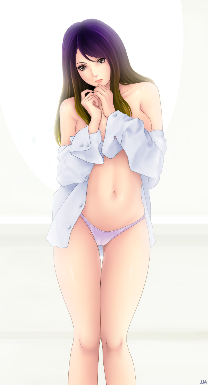 1girl bare_shoulders brown_eyes brown_hair female_focus gradient_hair highres hijiri_byakuren khalitzburg_(user_2274420) long_sleeves looking_at_viewer midriff multicolored_hair naked_shirt navel no_bra no_pants off_shoulder open_clothes open_shirt panties pink_panties purple_hair shiny_skin shirt solo thigh_gap touhou underwear white_panties