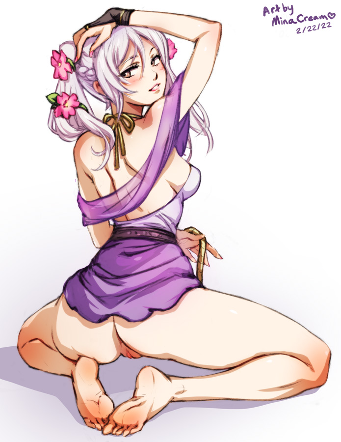 1girl artist_name ass bare_shoulders barefoot blush breasts brown_eyes dated female_robin_(fire_emblem) female_robin_(valentine)_(fire_emblem) fire_emblem fire_emblem_awakening fire_emblem_heroes flower from_behind grey_hair hair_flower hair_ornament looking_at_viewer medium_breasts mina_cream nintendo official_alternate_costume pink_flower pussy simple_background sitting smile solo teeth twintails uncensored variant_set