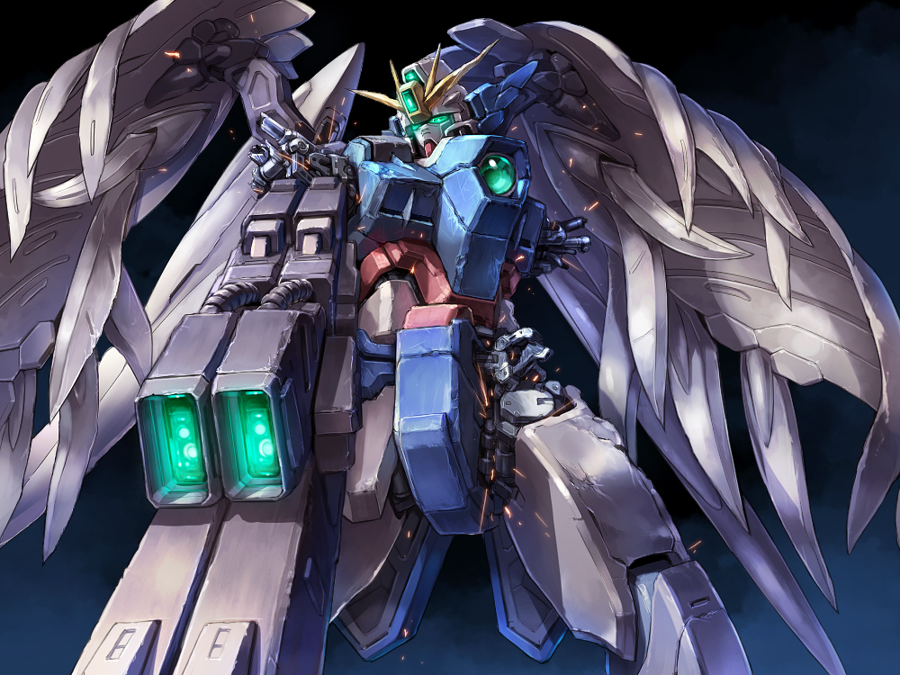 aiming armor battle beam_rifle commentary damage damaged energy_gun glowing glowing_eyes gundam gundam_wing gundam_wing:_endless_waltz mecha missing_limb no_humans robot sparks taedu weapon wing_gundam_zero_custom wings