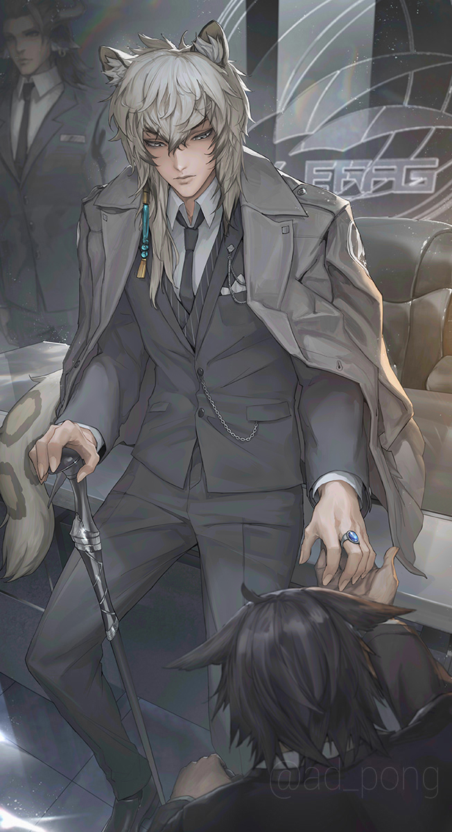 3boys adpong alternate_costume animal_ear_fluff animal_ears arknights black_hair black_necktie black_pants black_suit closed_mouth collared_shirt earrings formal_clothes grey_eyes grey_hair grey_jacket hair_between_eyes highres indoors jacket jewelry kjerag_logo leopard_boy leopard_ears long_hair long_sleeves male_focus matterhorn_(arknights) multiple_boys necktie pants ring shirt short_hair silverash_(arknights) single_earring sitting solo_focus suit tail the_godfather white_shirt wing_collar