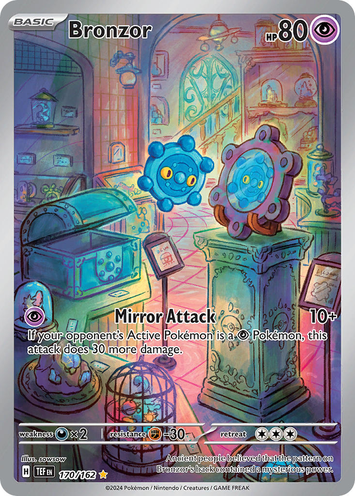 artist_name bronzor cage card_(medium) character_name chest_(furniture) company_name copyright_name copyright_notice english_text floating full_body gen_4_pokemon indoors mirror nintendo no_humans official_art poke_ball_symbol pokemon pokemon_(creature) pokemon_card pokemon_focus pokemon_tcg shelf solo sowsow third-party_source trading_card yellow_eyes