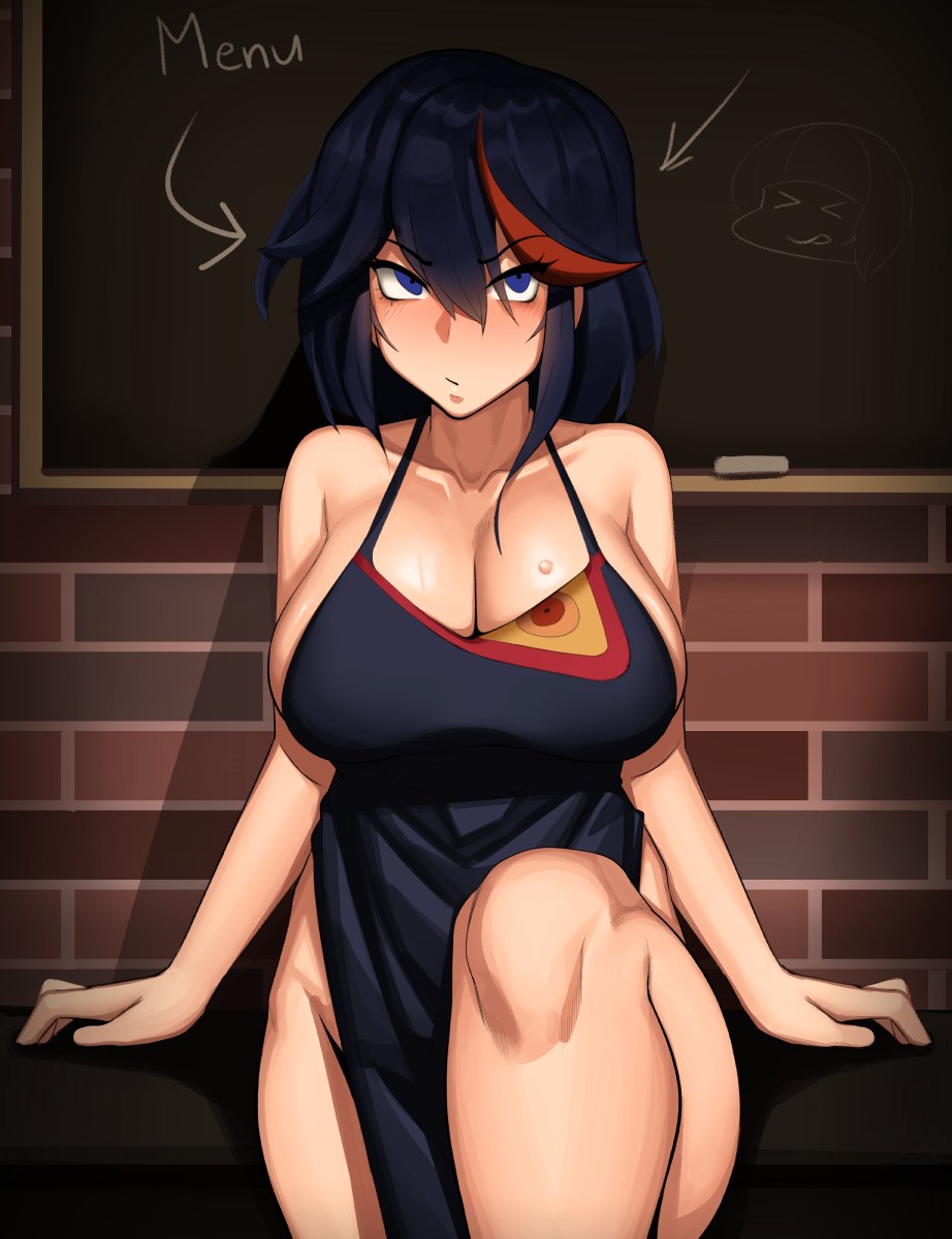 1girl adapted_costume apron arrow_(symbol) blue_eyes breasts brick_wall chalk chalkboard cleavage colored_sclera dress eyebrows highres kevbot kill_la_kill large_breasts leg_up long_dress looking_at_viewer mankanshoku_mako matoi_ryuuko medium_hair meme multicolored_hair naked_apron no_bra no_panties orange_eyes red_hair senketsu sitting streaked_hair tomboy yellow_sclera