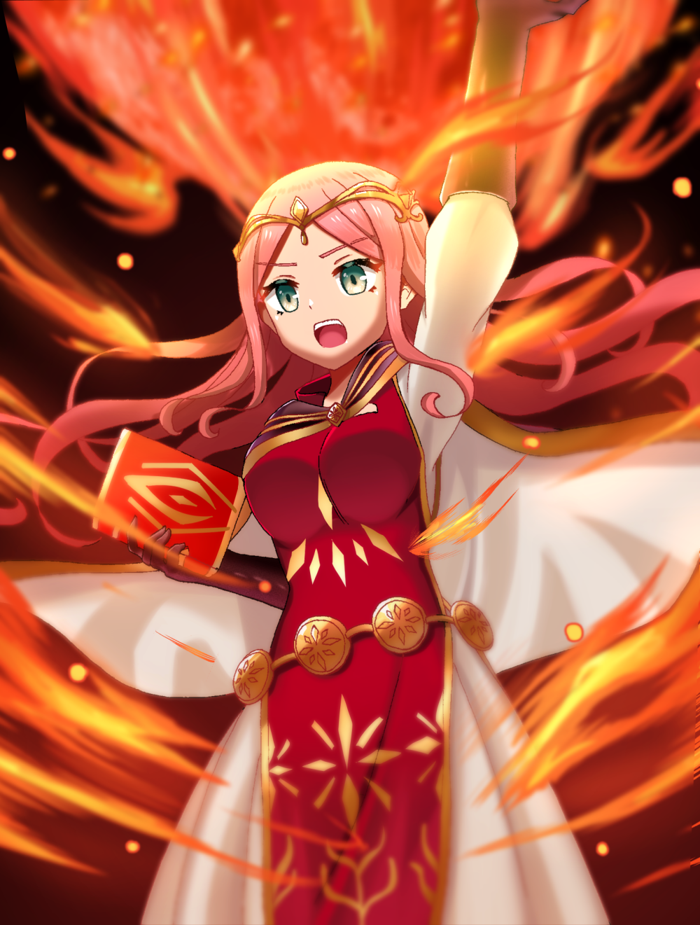 1girl aqua_eyes arm_above_head black_gloves book cape diadem dress fire frederica_aesfrost gloves highres holding holding_book long_hair open_mouth pink_hair pyrokinesis shira_yu_ki solo standing teeth triangle_strategy upper_teeth_only witch