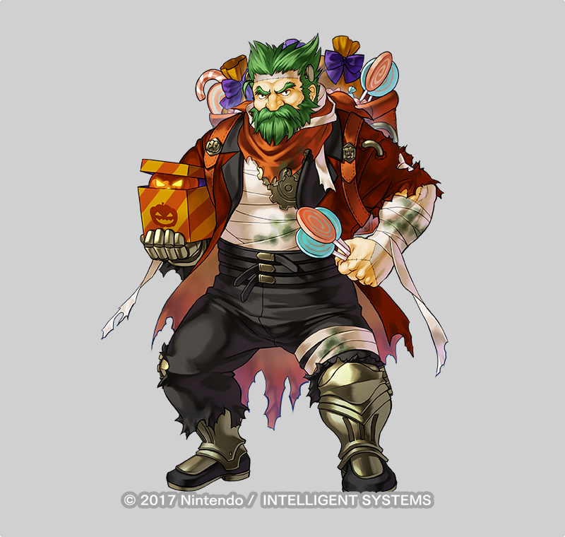 1boy alternate_costume armored_boots bag bandages beard boots bow candy dozla_(fire_emblem) dozla_(halloween)_(fire_emblem) facial_hair fire_emblem fire_emblem:_the_sacred_stones fire_emblem_heroes food full_body gears green_eyes green_facial_hair green_hair grey_background halloween_costume kita_senri male_focus mustache nintendo official_art pumpkin scar solo torn_clothes
