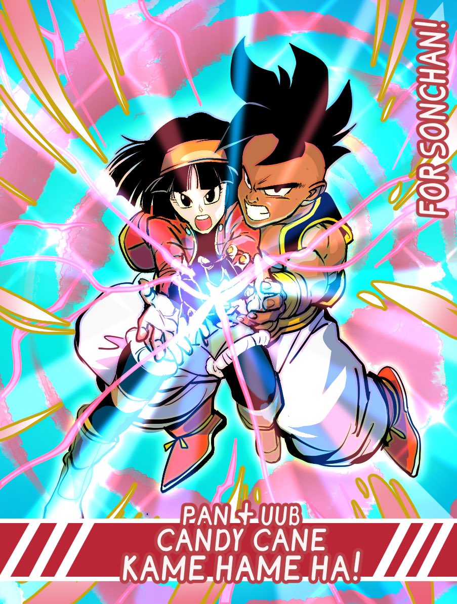 1boy 1girl amartbee black_eyes black_hair candy candy_cane couple dragon_ball dragon_ball_gt food kamehameha_(dragon_ball) pan_(dragon_ball) serious super_dragon_ball_heroes tagme uub
