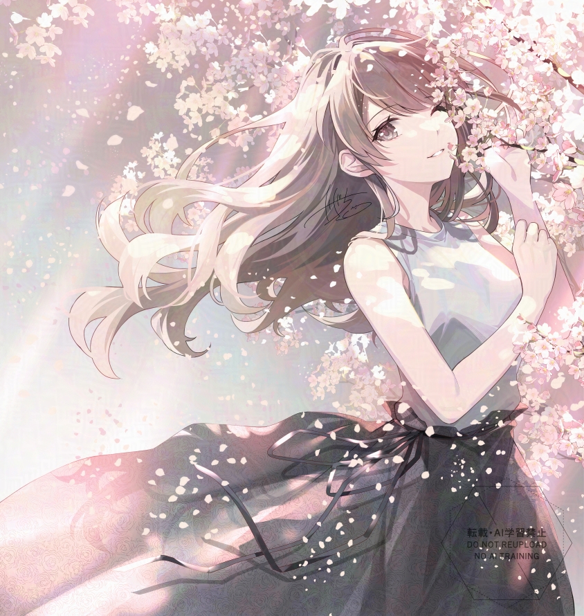 1girl bare_shoulders black_ribbon black_skirt branch breasts brown_eyes brown_hair cherry_blossoms commentary_request cowboy_shot dappled_sunlight falling_petals floating_clothes floating_hair hand_on_own_arm hands_up holding holding_branch kagachi_saku light_rays long_hair long_skirt looking_at_viewer medium_breasts one_eye_closed original petals pink_petals print_skirt ribbon ribbon-trimmed_skirt ribbon_trim shirt sideways_glance signature skirt sleeveless sleeveless_shirt smile solo sunbeam sunlight teeth three_quarter_view watermark white_shirt wind