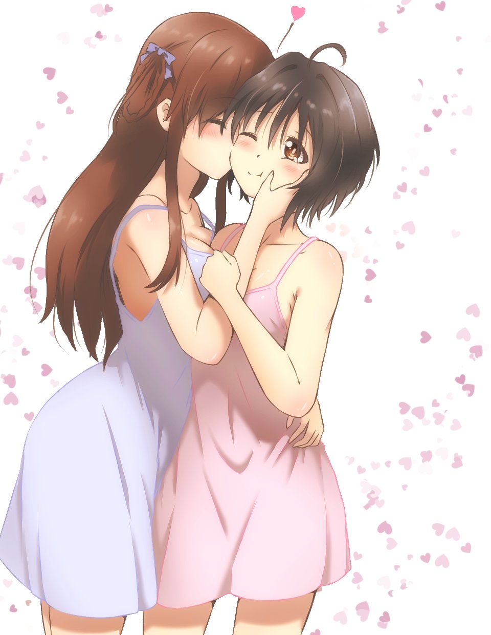 22/7 2girls ahoge bare_shoulders black_hair blue_bow blue_dress blush bow braid braided_hair_rings brown_eyes brown_hair closed_mouth dress hair_rings heart heart_background highres hitorilily hug kiss long_hair multiple_girls one_eye_closed pink_dress short_hair tachikawa_ayaka takigawa_miu twin_braids two_side_up white_bow yuri