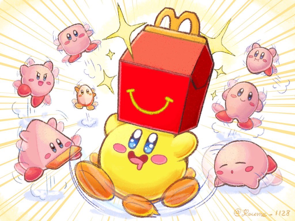 blush_stickers closed_eyes colored_skin cone_mouth drooling happy_meal kirby kirby_(series) mcdonald&#039;s motion_lines mouthful_mode nintendo open_mouth pink_skin solid_oval_eyes sparkle suruga_kanade waddle_dee yellow_skin