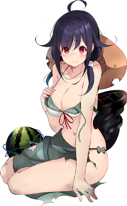 1girl bikini black_hair food fruit full_body green_sarong hat kantai_collection kujou_ichiso long_hair official_art print_sarong red_eyes ryuuhou_(kancolle) ryuuhou_kai_ni_(kancolle) sarong solo sun_hat swimsuit taigei_(kancolle) taigei_(swimsuit)_(kancolle) torn_clothes torn_sarong transparent_background watermelon