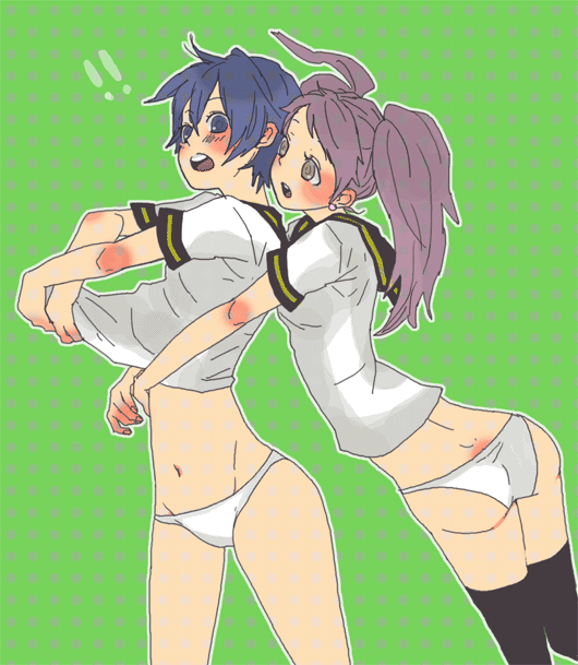 2girls ass atlus bad_id bad_pixiv_id blue_hair blush bottomless clothes_lift hug kujikawa_rise long_hair multiple_girls no_pants panties persona persona_4 pink_hair purple_hair shirogane_naoto shirt_lift short_hair surprised ten ten_(ch) thighhighs twintails underwear undressing white_panties yuri